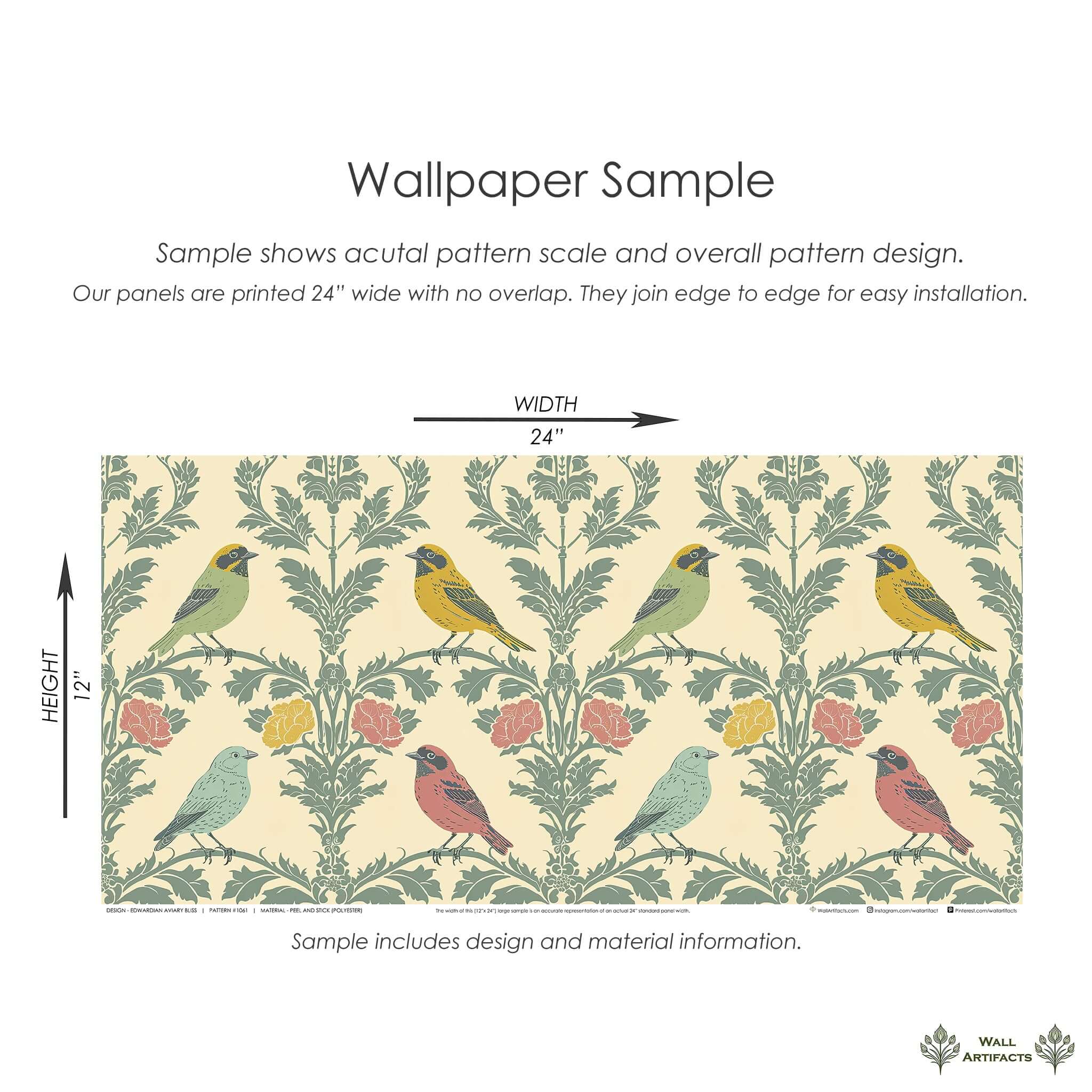Edwardian Aviary Bliss Wallpaper Sample featuring songbirds and floral damask in vintage style, 24x12 inches by Wall Artifacts.