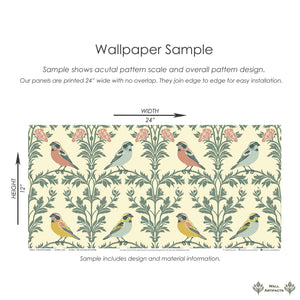 Vintage Songbirds wallpaper sample featuring floral vines and delicate damask songbirds, ideal for modern design aesthetics.