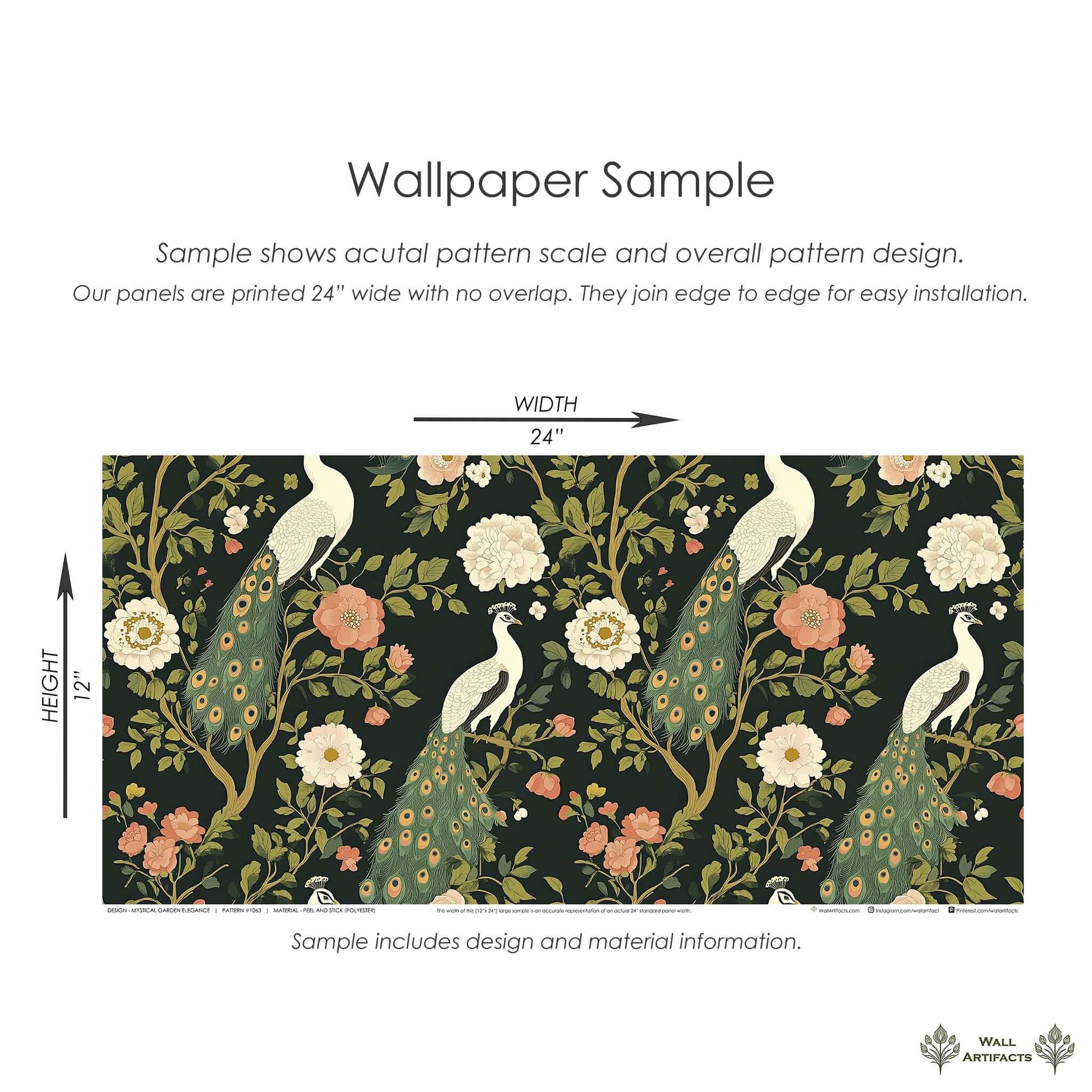 Art Deco Mystical Garden Elegance wallpaper with white peacocks, florals on dark background, perfect for luxurious interiors.