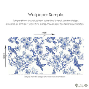 Songbird Garden Toile Wallpaper in blue-and-white with delicate birds and blossoms, perfect for vintage and French country decor.