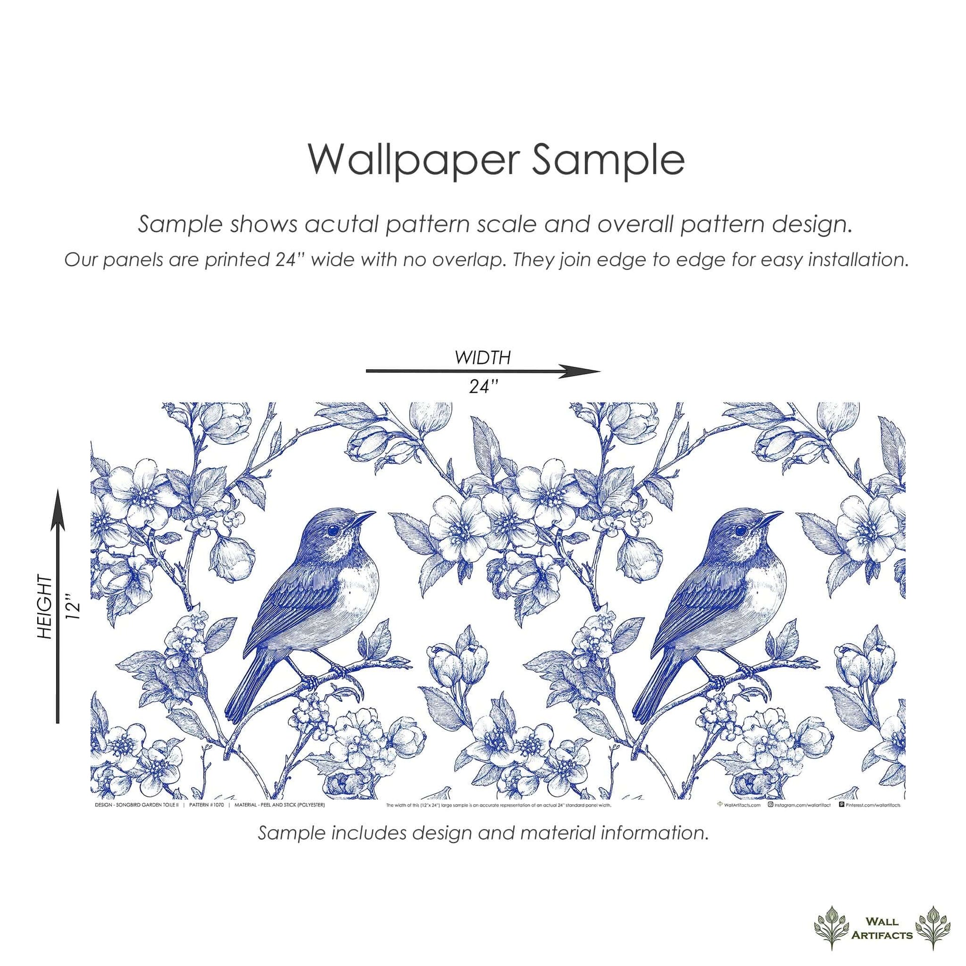 Songbird Garden Toile II Wallpaper sample featuring blue birds on blossoming branches, illustrating classic French toile style.