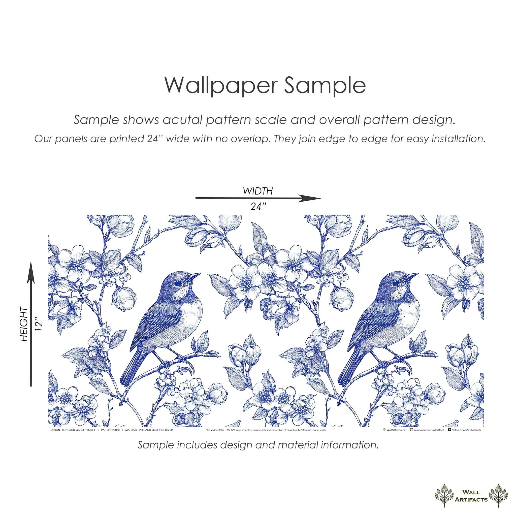 Songbird Garden Toile II Wallpaper sample featuring blue birds on blossoming branches, illustrating classic French toile style.