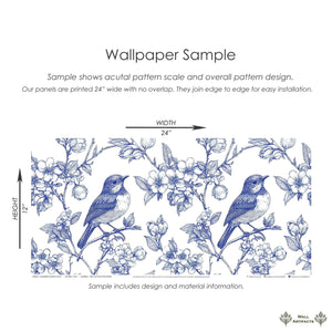 Songbird Garden Toile II Wallpaper sample featuring blue birds on blossoming branches, illustrating classic French toile style.