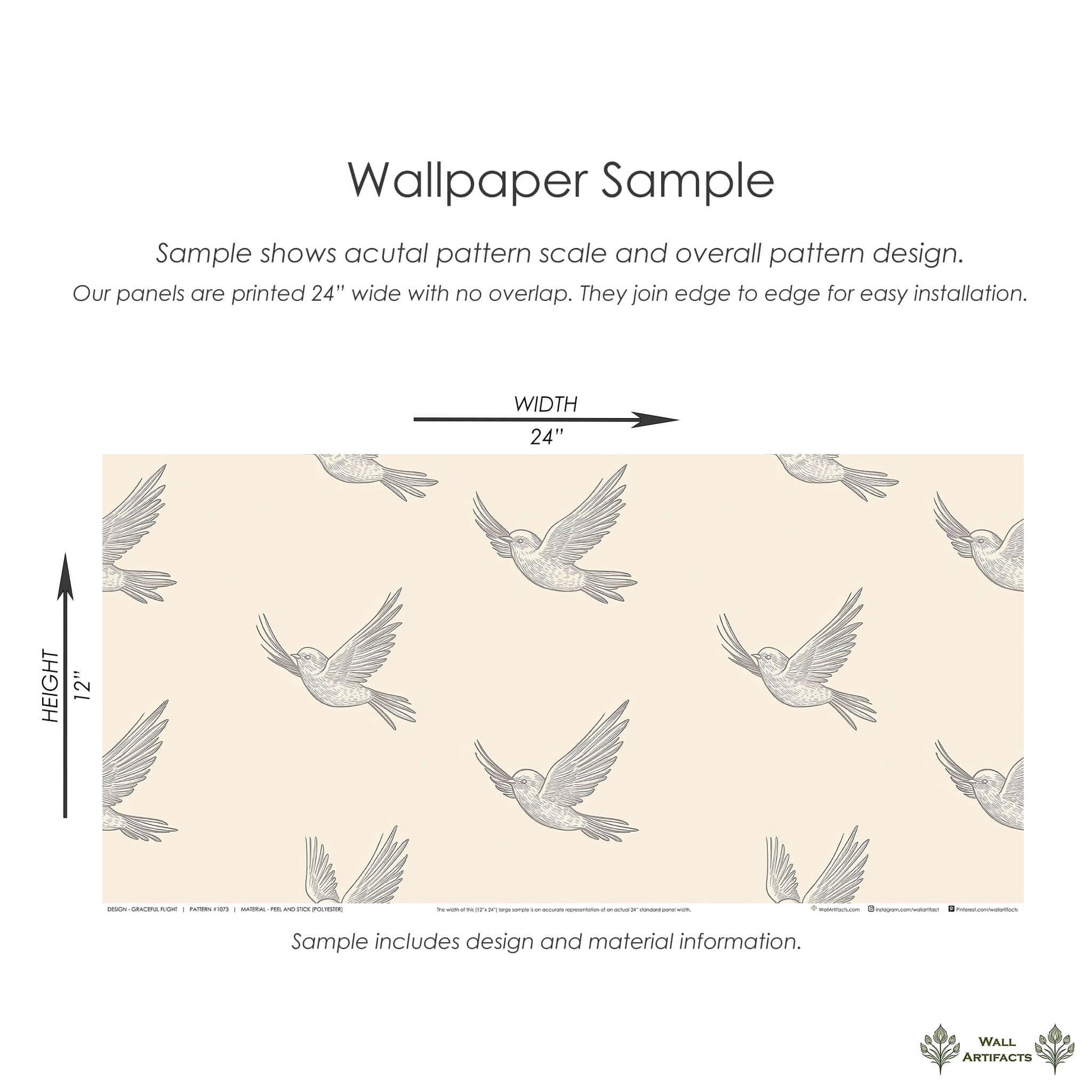 Graceful Flight Wallpaper sample showing birds in monochrome on a neutral backdrop, ideal for modern spaces. Size: 24" x 12".