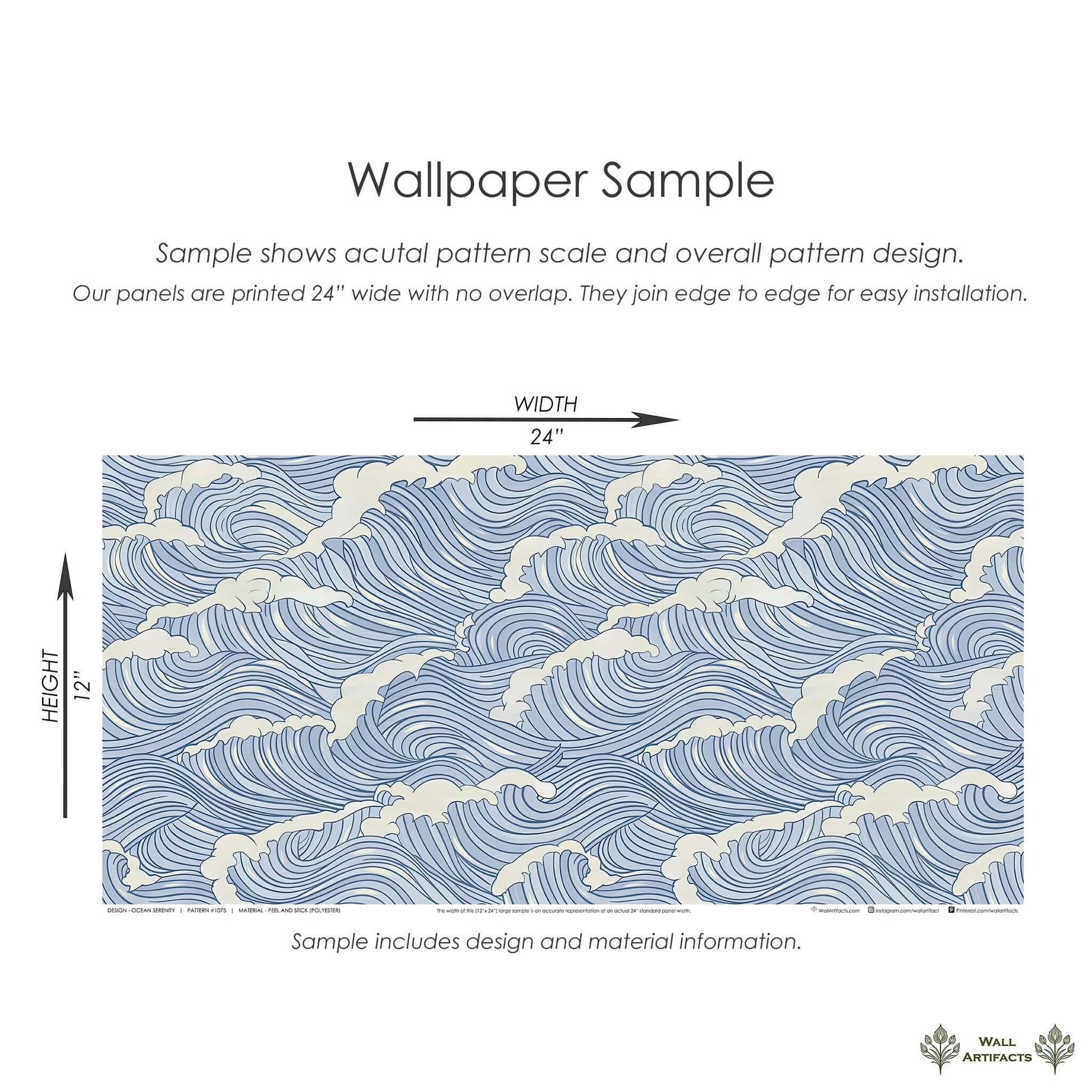 Ocean Serenity wallpaper sample featuring tranquil wave patterns and calm blue hues for a coastal-themed decor space.