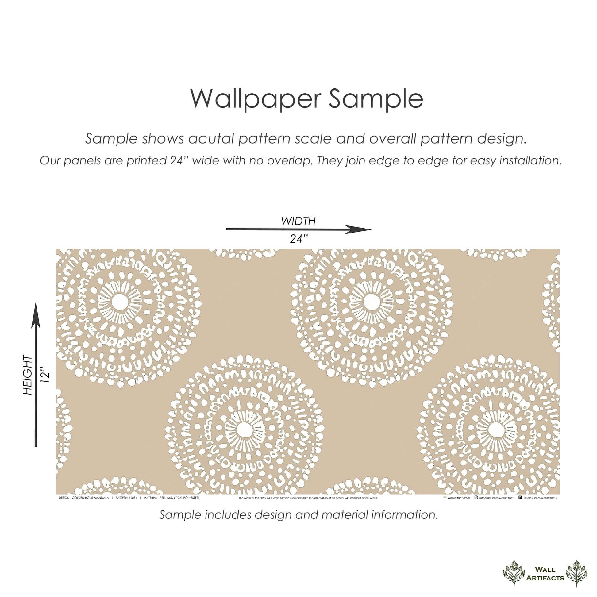 Golden Hour Mandala Wallpaper sample with modern circles and mandalas design, featuring golden beige hues and soft white background.