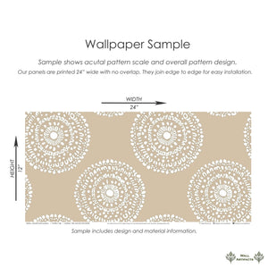 Golden Hour Mandala Wallpaper sample with modern circles and mandalas design, featuring golden beige hues and soft white background.