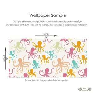 OctoPop Splash wallpaper sample featuring vibrant pink, teal, mustard, and coral octopus on a light background, by Wall Artifacts.