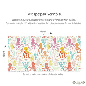 Coral Cove and Friends Wallpaper: playful octopus and vibrant coral for coastal children's nursery or playroom, 24"x24" sample.