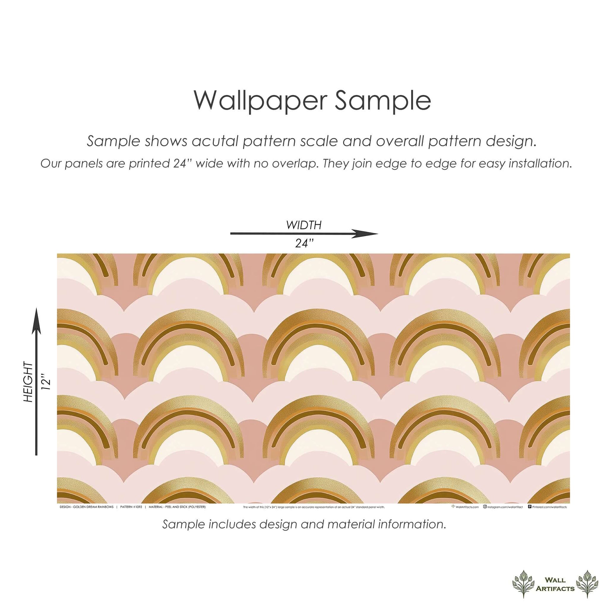 Golden Dream Rainbows wallpaper sample with gold arches, blush pink and cream tones for nursery, baby room, or playroom decor.