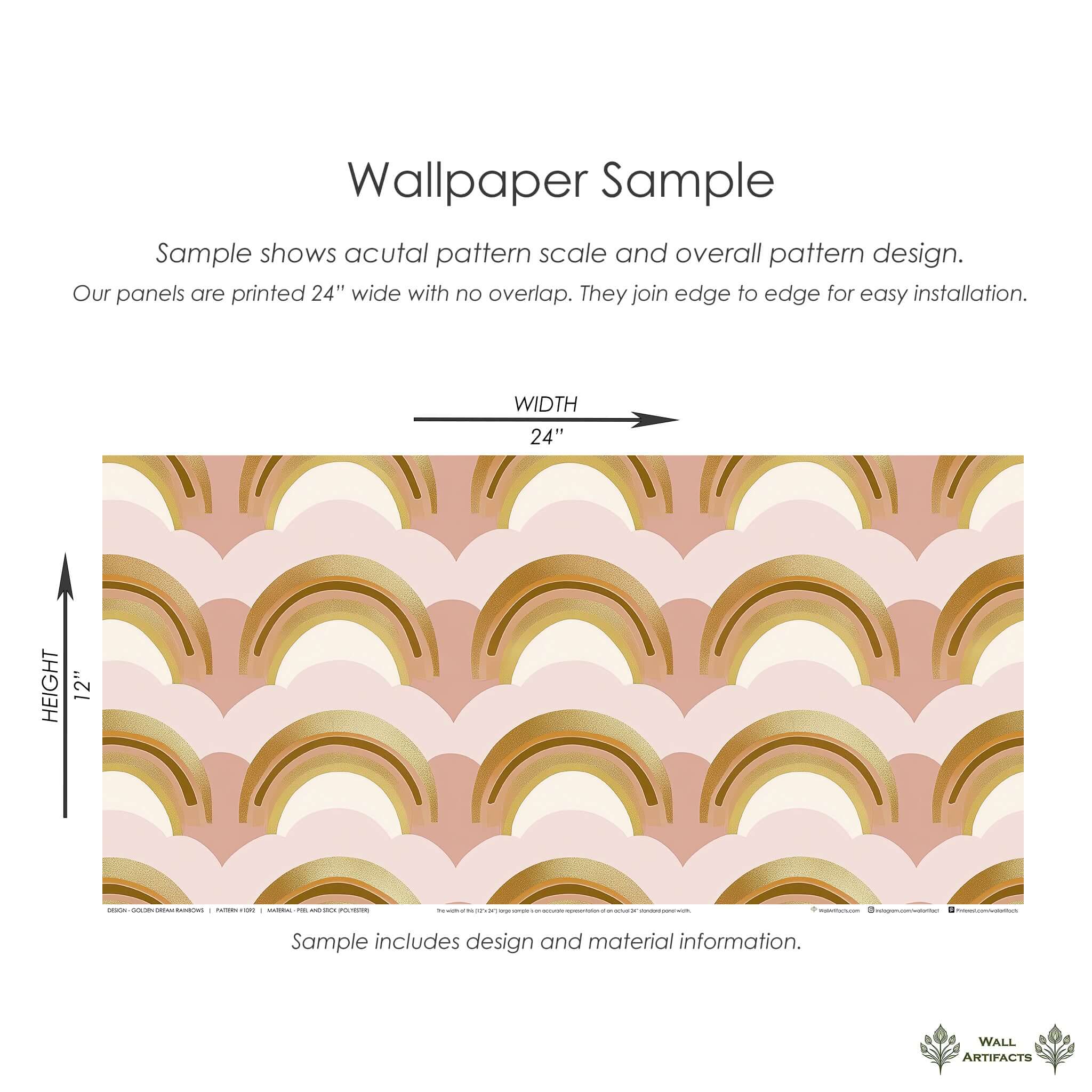 Golden Dream Rainbows wallpaper sample with gold arches, blush pink and cream tones for nursery, baby room, or playroom decor.