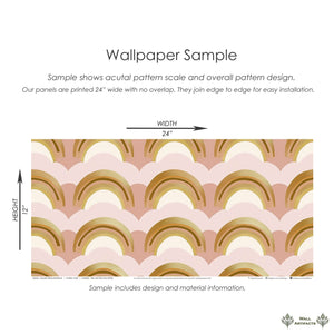 Golden Dream Rainbows wallpaper sample with gold arches, blush pink and cream tones for nursery, baby room, or playroom decor.