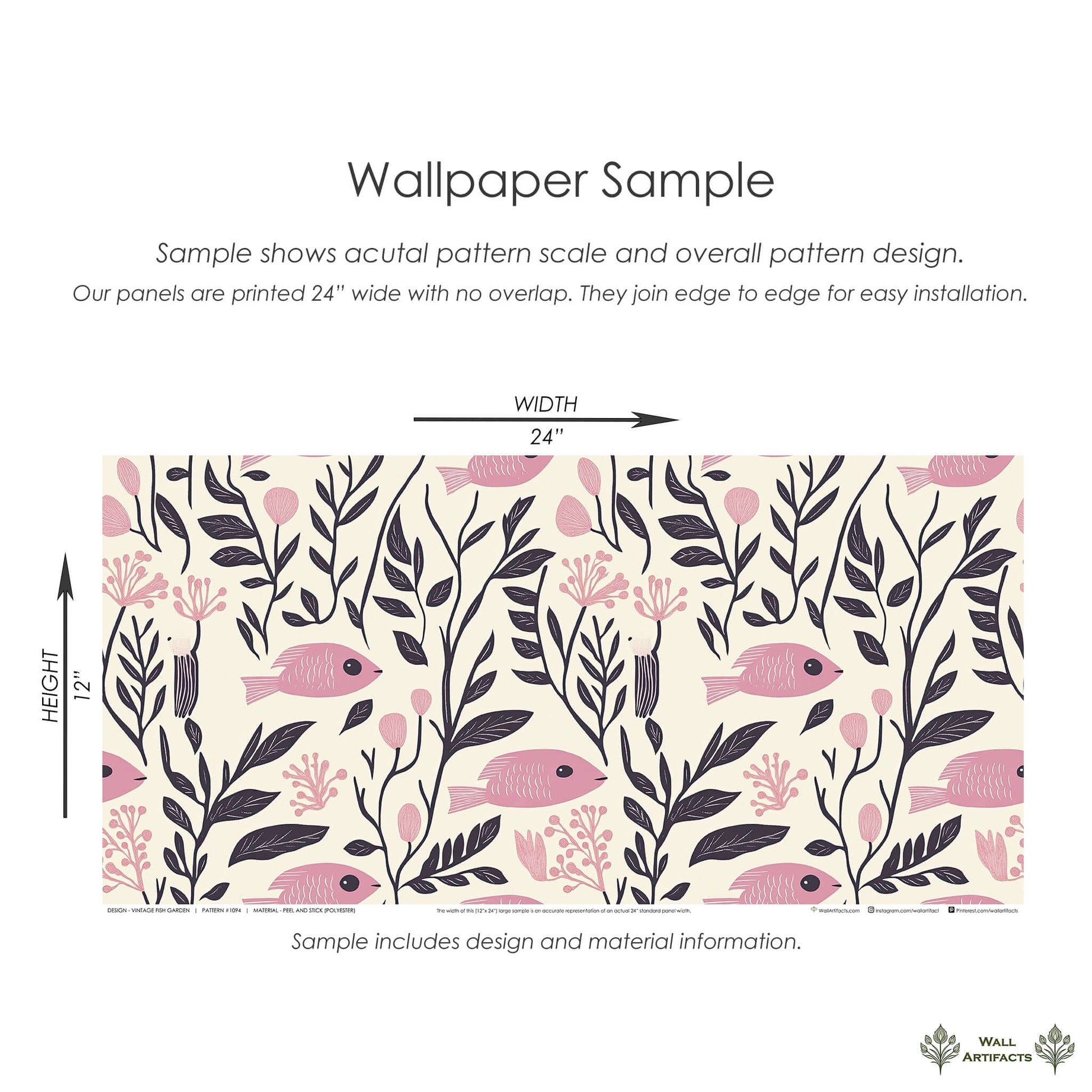 Vintage Fish Garden Wallpaper with pink fish and floral pattern, 24x12 inches, coastal and mid-century modern style by Wall Artifacts.
