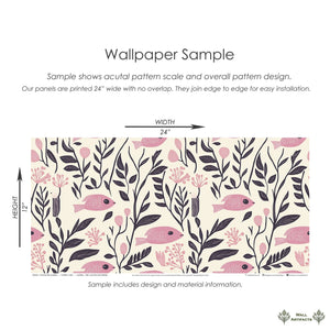 Vintage Fish Garden Wallpaper with pink fish and floral pattern, 24x12 inches, coastal and mid-century modern style by Wall Artifacts.
