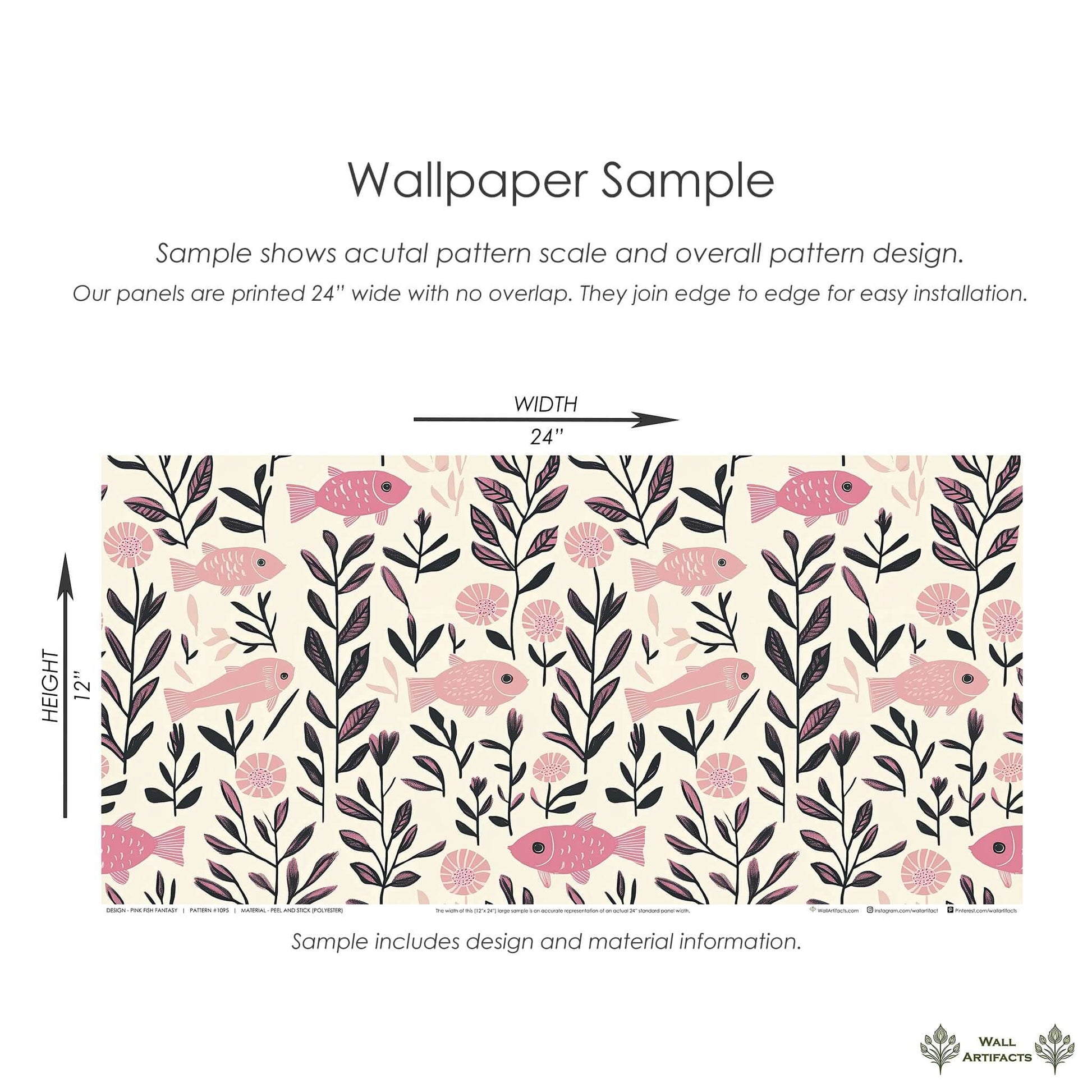 Pink Fish Fantasy Wallpaper sample, featuring pink fish and seaweed in mid-century modern coastal design for nurseries and creative spaces.