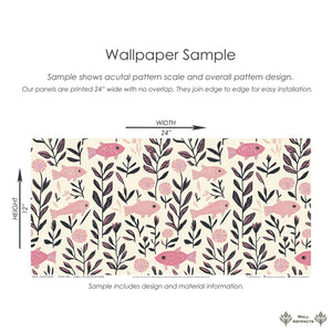 Pink Fish Fantasy Wallpaper sample, featuring pink fish and seaweed in mid-century modern coastal design for nurseries and creative spaces.