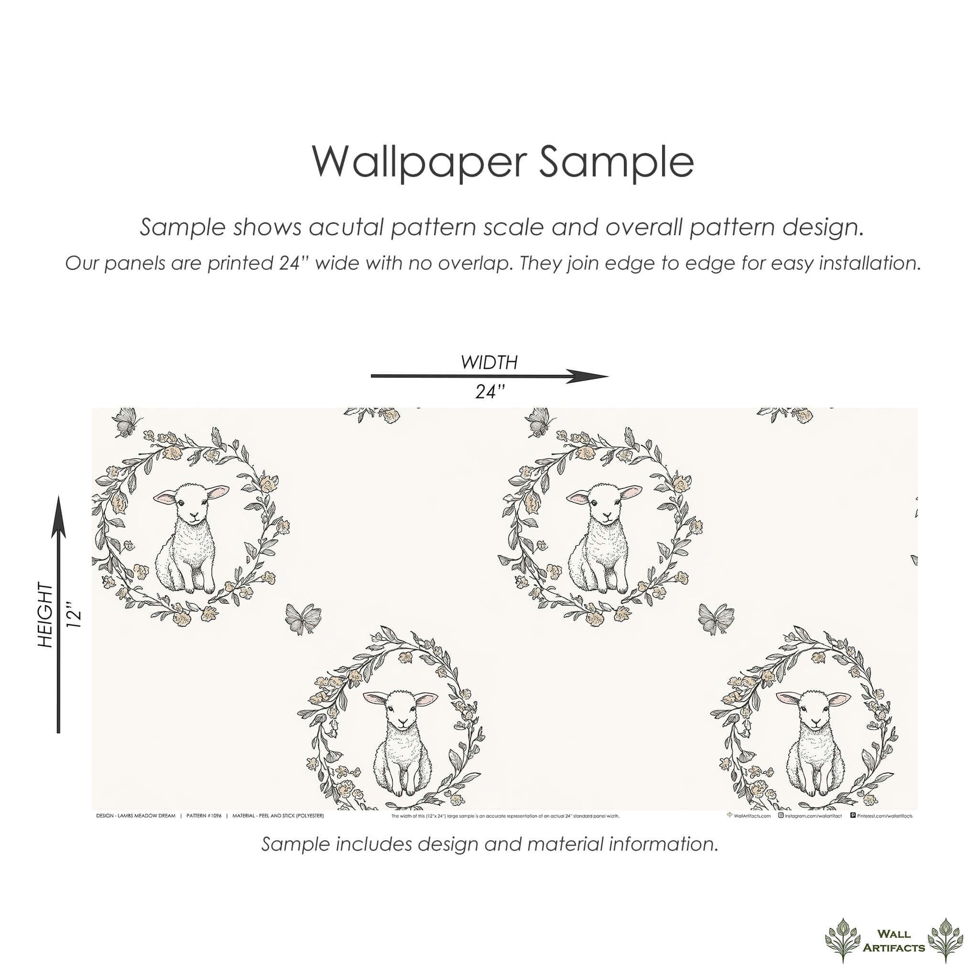 Lambs Meadow Dream wallpaper sample featuring baby lambs in floral wreaths with butterflies on a cream background, perfect for nurseries.