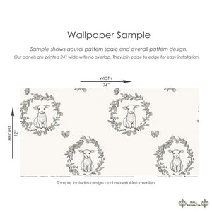 Lambs Meadow Dream wallpaper sample featuring baby lambs in floral wreaths with butterflies on a cream background, perfect for nurseries.