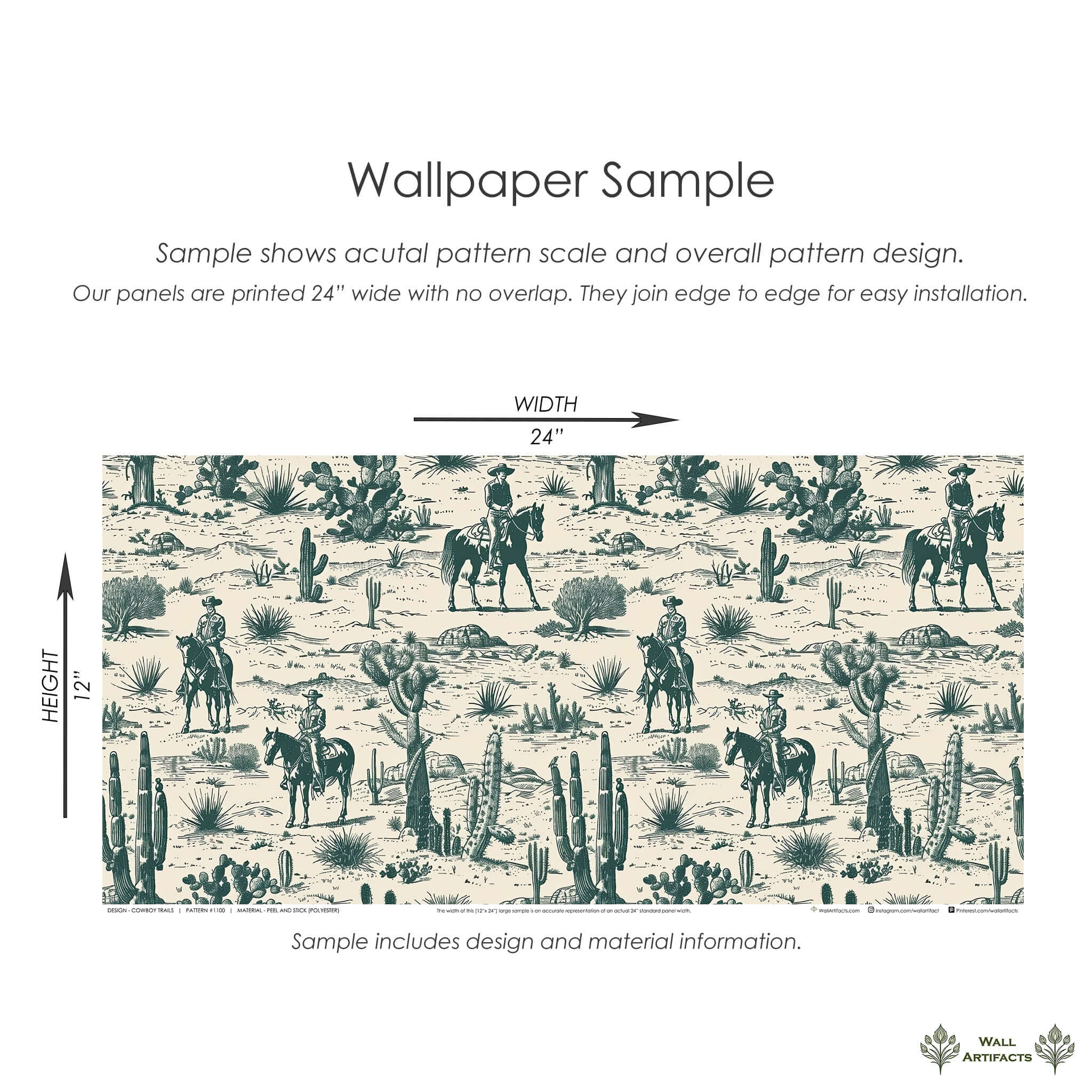 Cowboy Trails wallpaper sample featuring cowboys on horseback in a desert scene with cacti and mesas, 24x12 inches, rustic toile design.