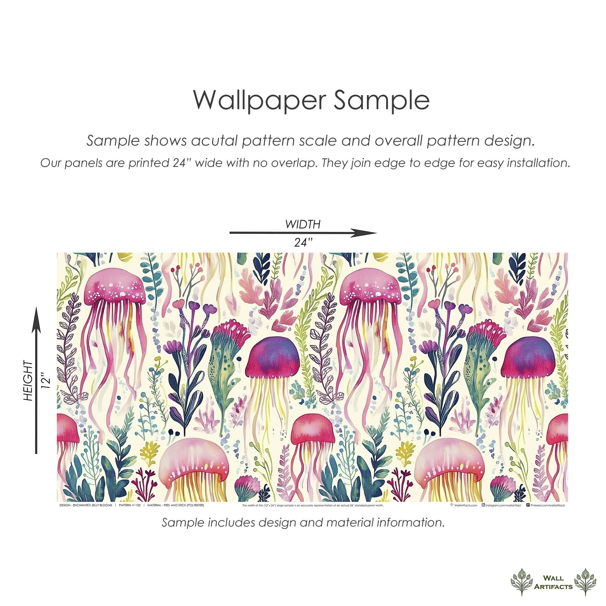 Enchanted Jelly Blooms Wallpaper with colorful jellyfish and sea flora, ideal for creating a coastal, marine-themed atmosphere.