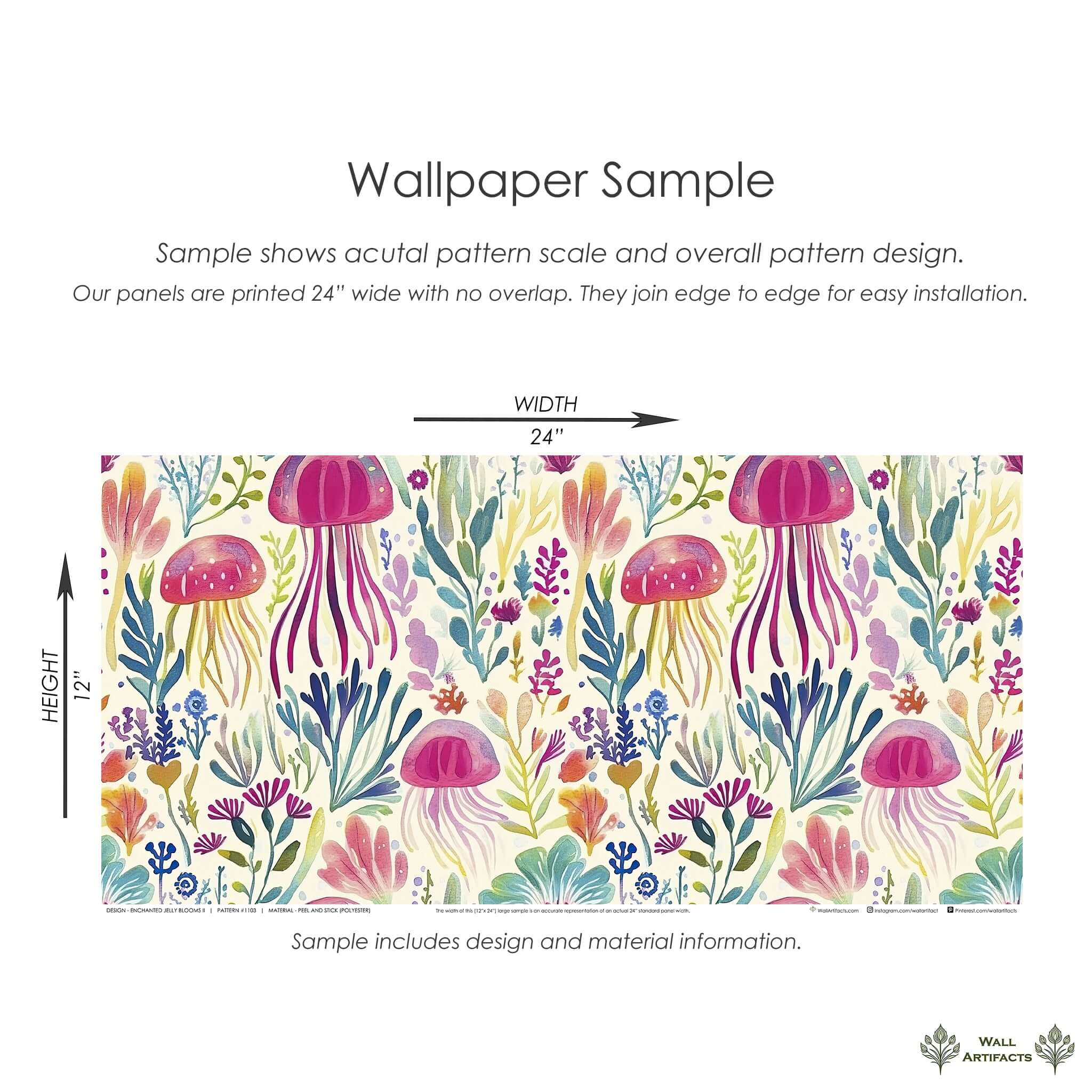 Enchanted Jelly Blooms II wallpaper sample with vibrant jellyfish, coral, and sea plants in magenta, teal, and gold for coastal decor.