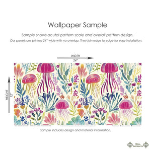 Enchanted Jelly Blooms II wallpaper sample with vibrant jellyfish, coral, and sea plants in magenta, teal, and gold for coastal decor.