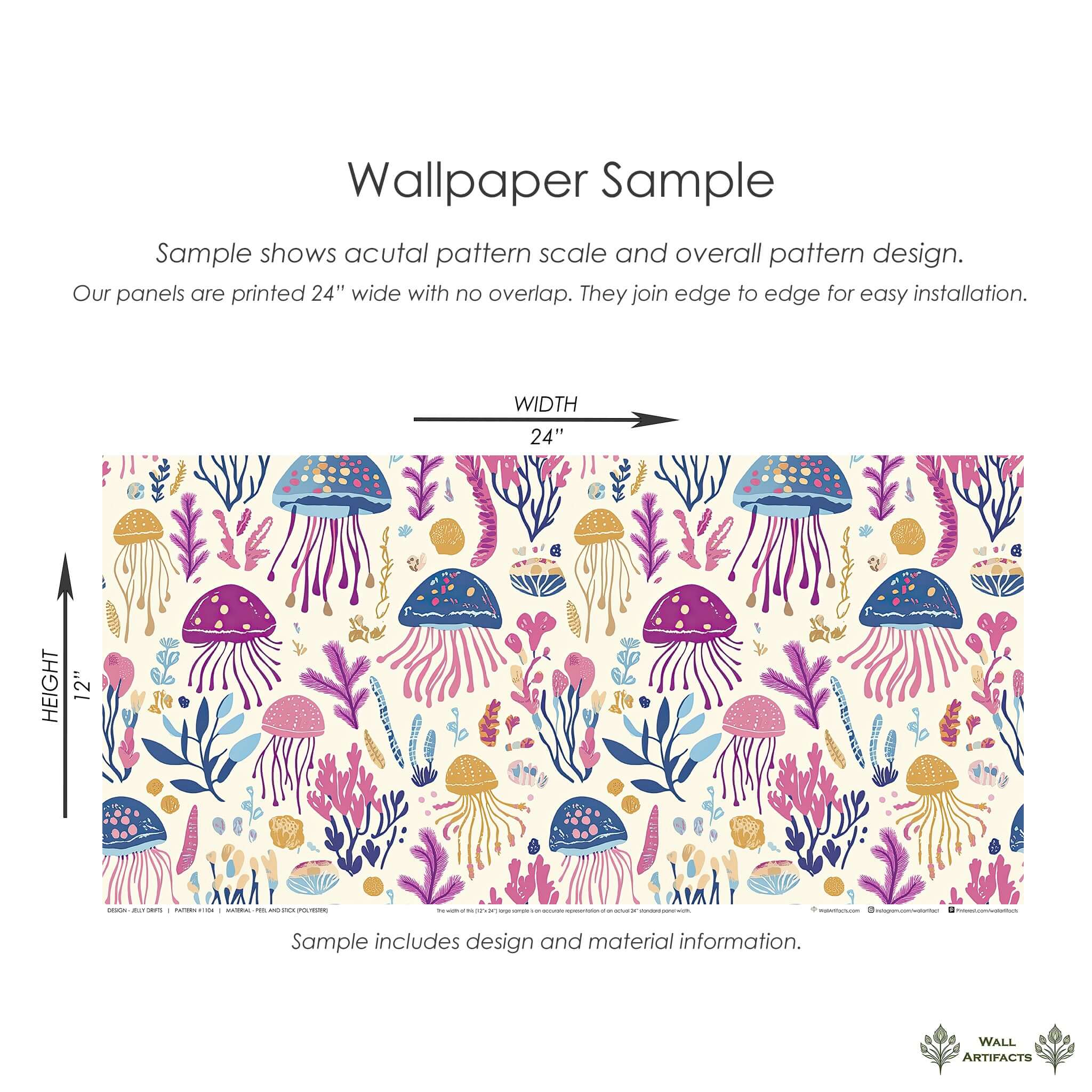 Jelly Drifts Wallpaper sample featuring colorful jellyfish and sea plants, perfect for a nursery or playroom. Ocean-themed decor.