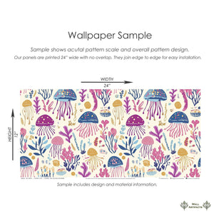 Jelly Drifts Wallpaper sample featuring colorful jellyfish and sea plants, perfect for a nursery or playroom. Ocean-themed decor.