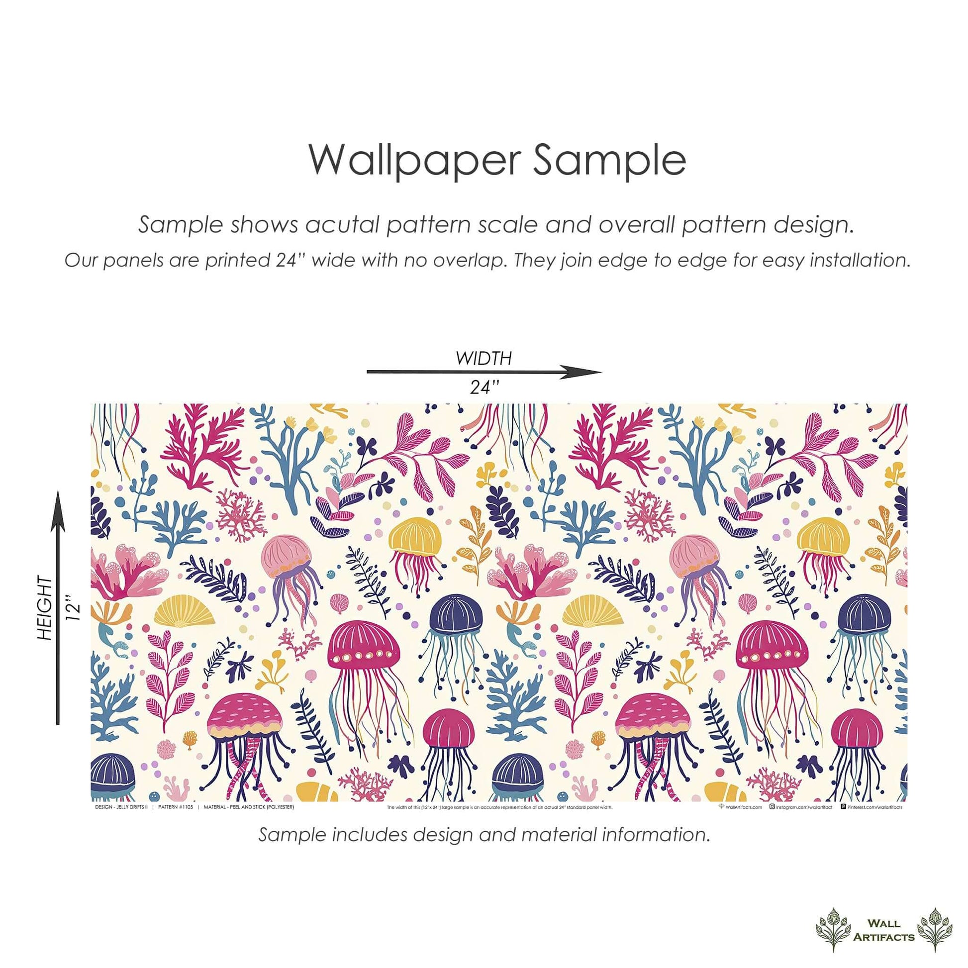 Jelly Drifts II wallpaper with colorful jellyfish, seaweed, coral; perfect for nursery, playroom, marine-themed spaces.