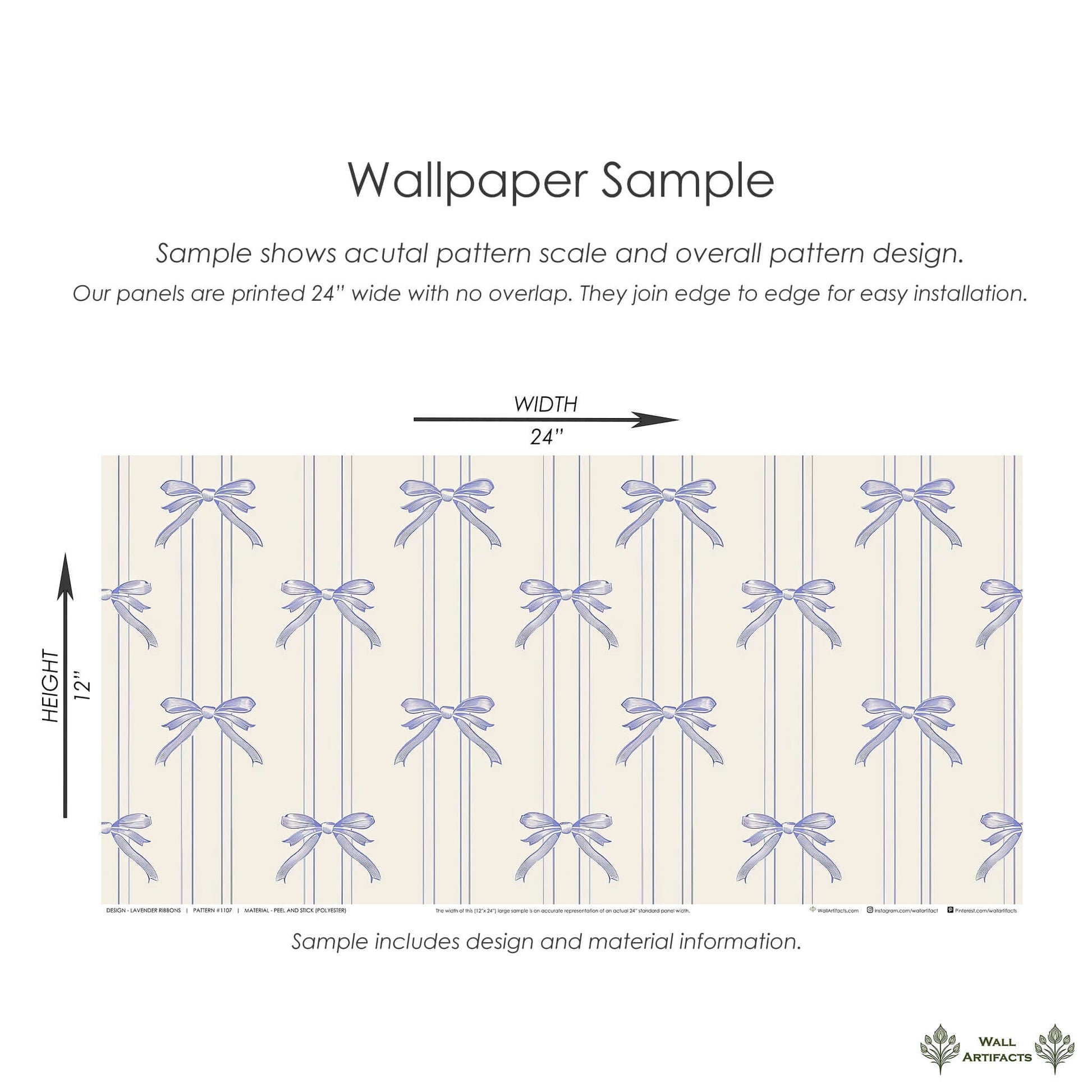 Lavender Ribbons Wallpaper sample featuring delicate bows on cream pinstripes, perfect for nurseries and playrooms.