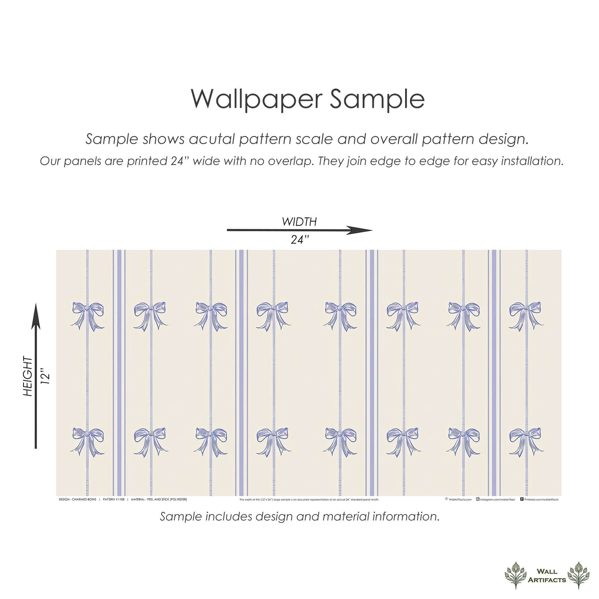 Charmed Bows wallpaper sample with lavender ribbons and bows, ideal for nurseries, playrooms, or children's bedrooms by Wall Artifacts.
