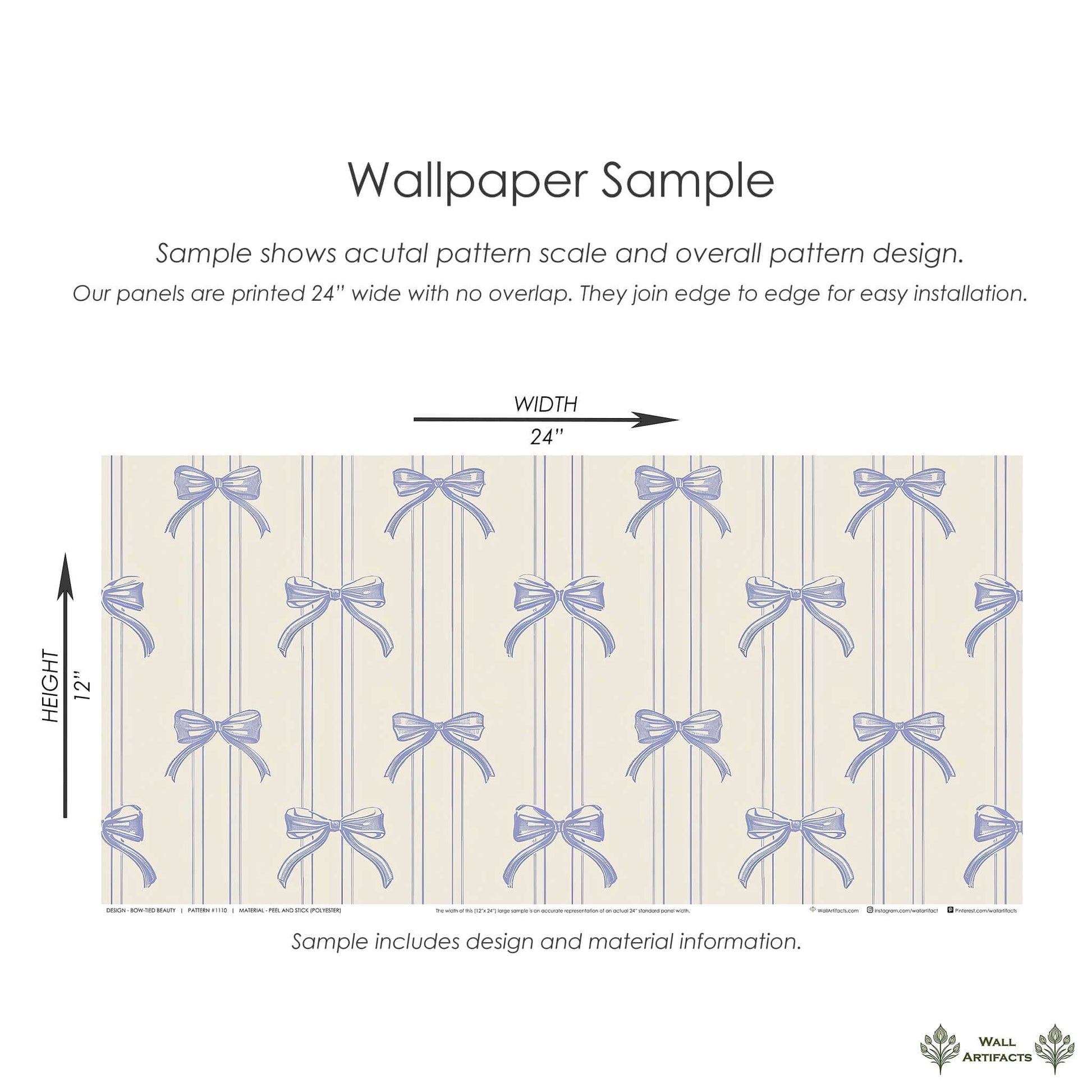 "Bow-Tied Beauty" wallpaper sample with lavender ribbons, perfect for nurseries and playrooms. Elegant vertical stripes pattern.