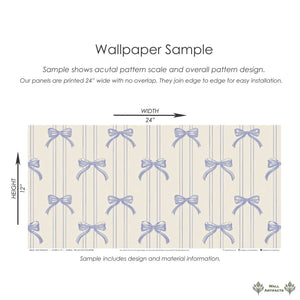 "Bow-Tied Beauty" wallpaper sample with lavender ribbons, perfect for nurseries and playrooms. Elegant vertical stripes pattern.