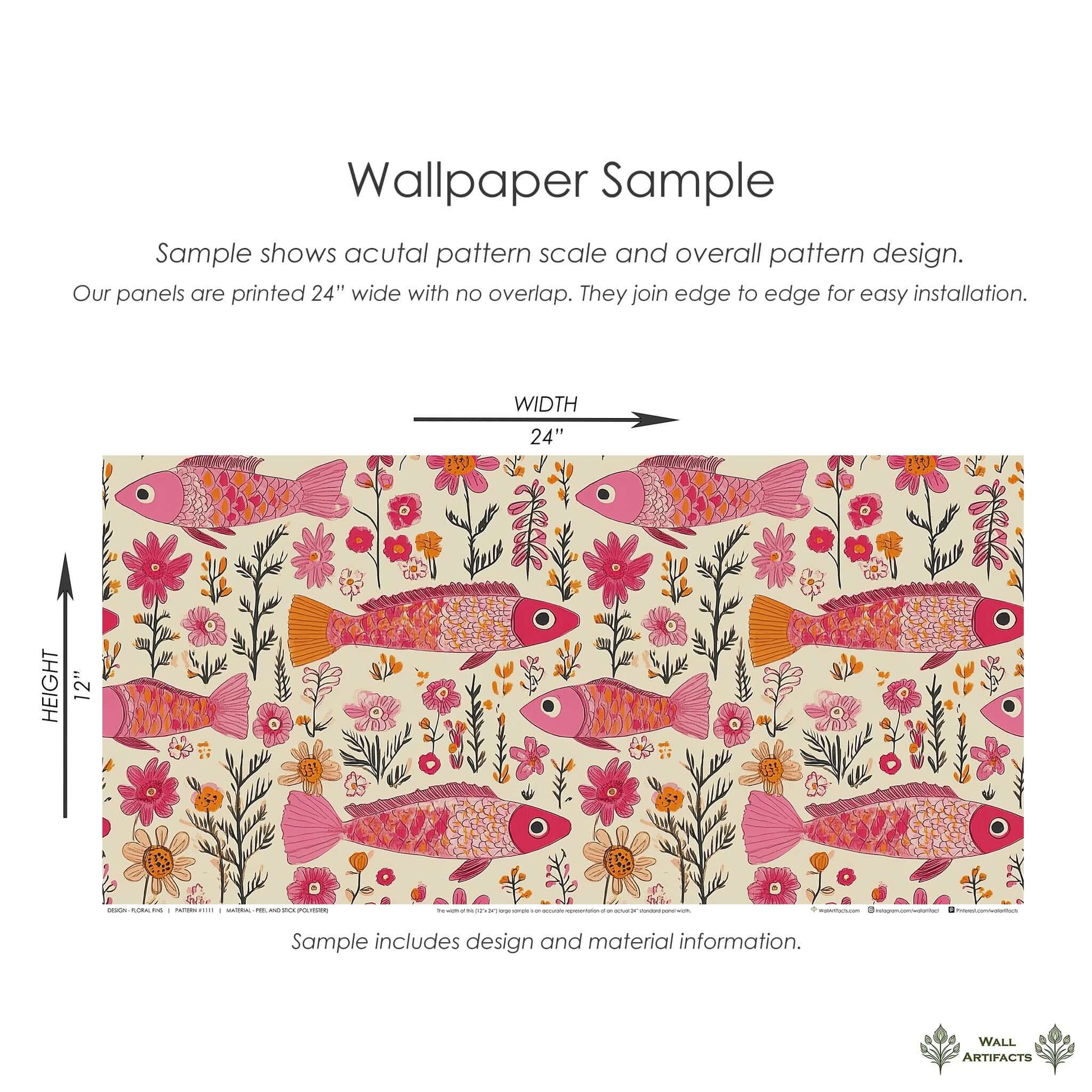 Floral Fins coastal wallpaper sample with whimsical pink fish and vibrant florals in shades of fuchsia, coral, and orange.