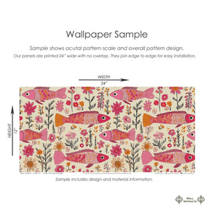 Floral Fins coastal wallpaper sample with whimsical pink fish and vibrant florals in shades of fuchsia, coral, and orange.