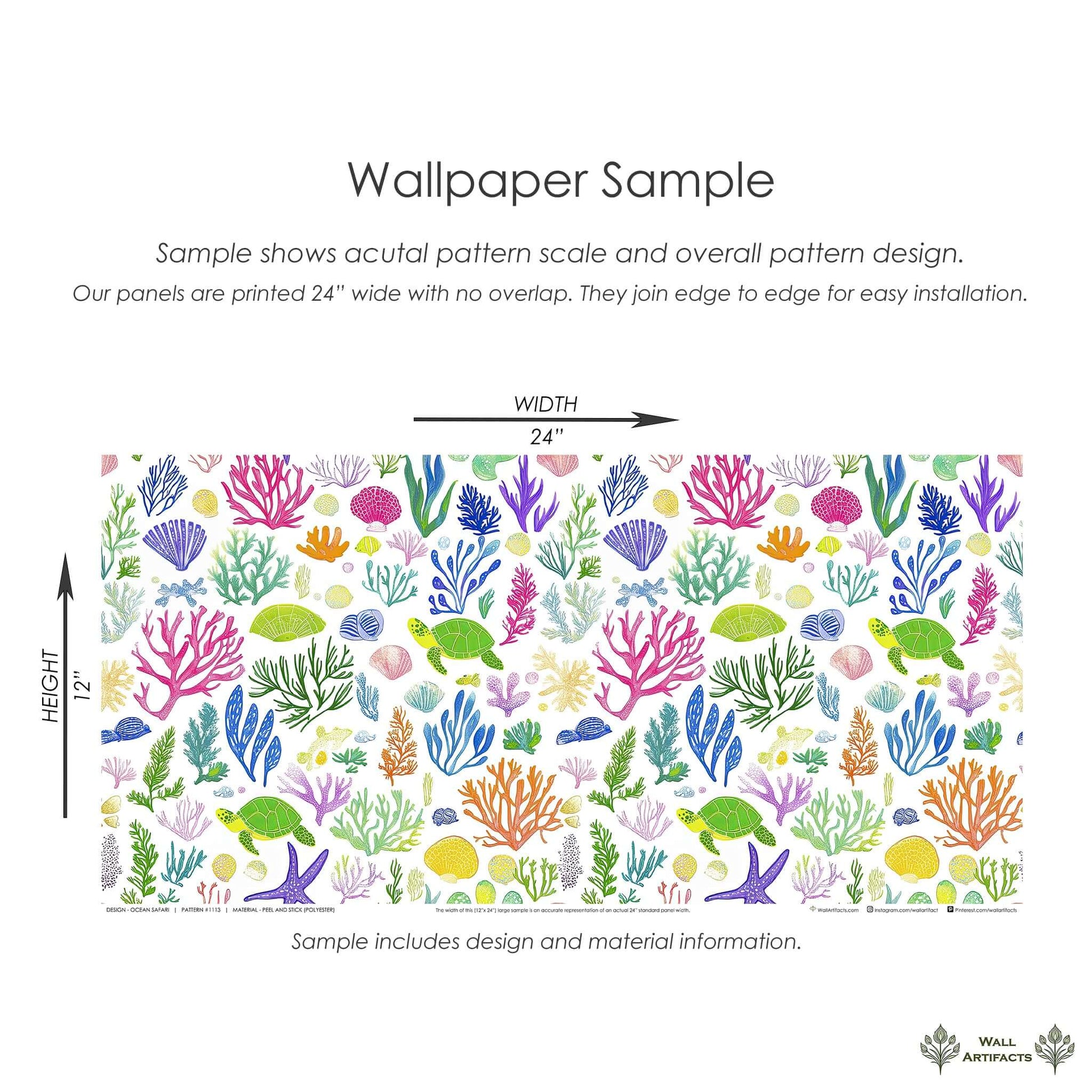 Ocean Safari wallpaper sample with vibrant coral, fish, sea turtles, and seaweed; perfect for children's nursery and playroom decor.
