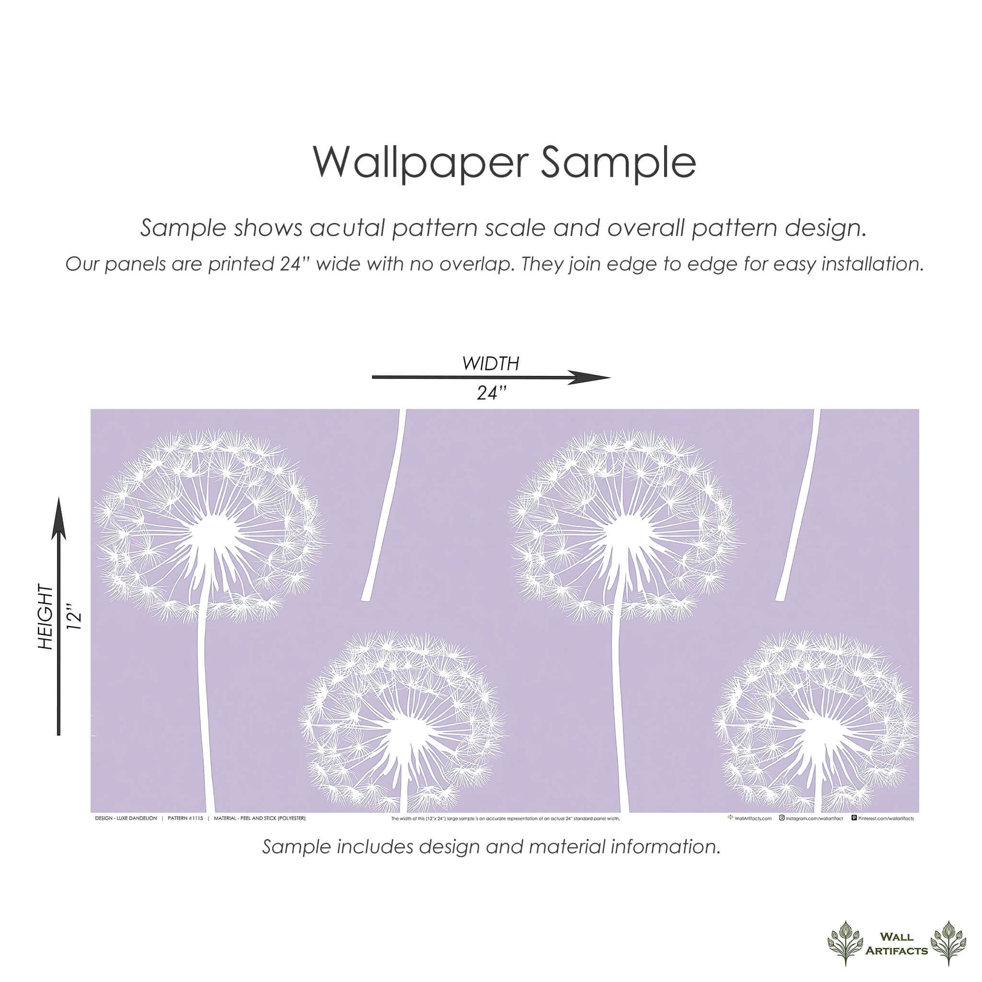 Luxe Dandelion Wallpaper sample with white dandelions on lavender, ideal for nurseries, playrooms, or children's décor.