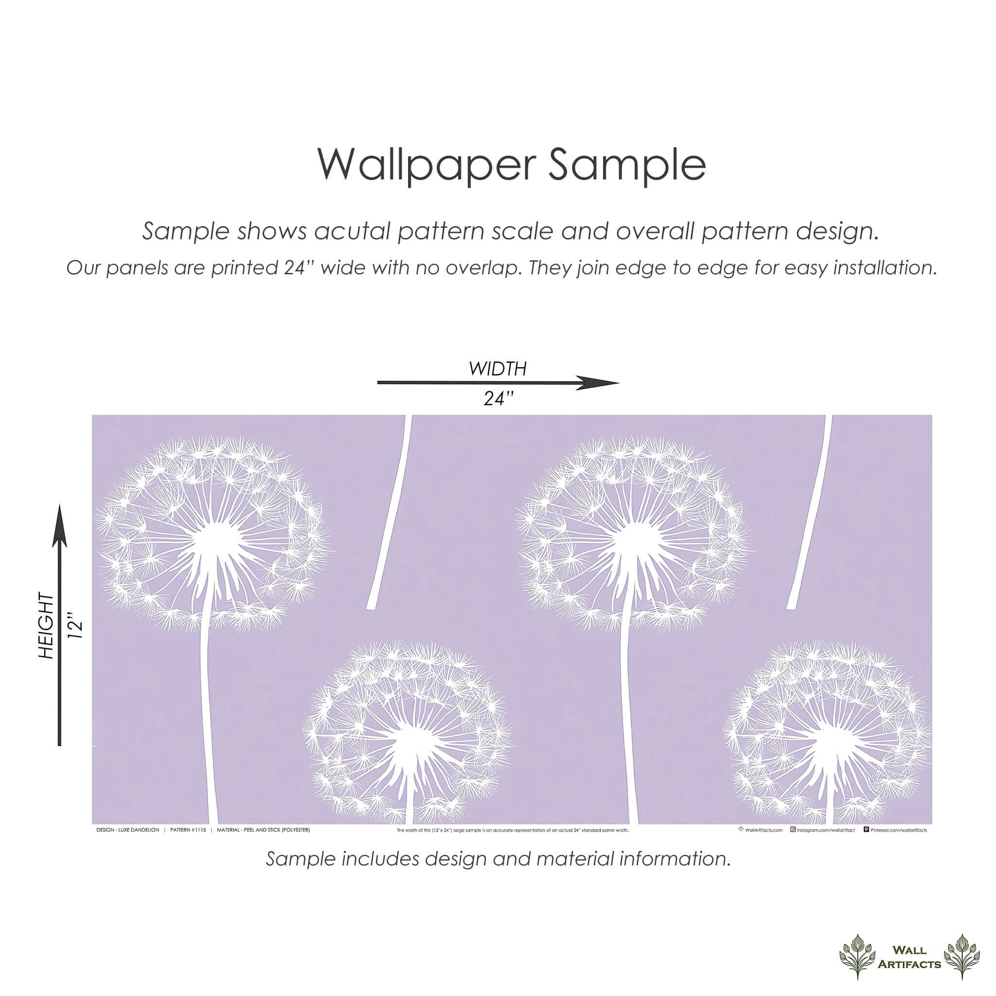 Luxe Dandelion Wallpaper sample with white dandelions on lavender, ideal for nurseries, playrooms, or children's décor.