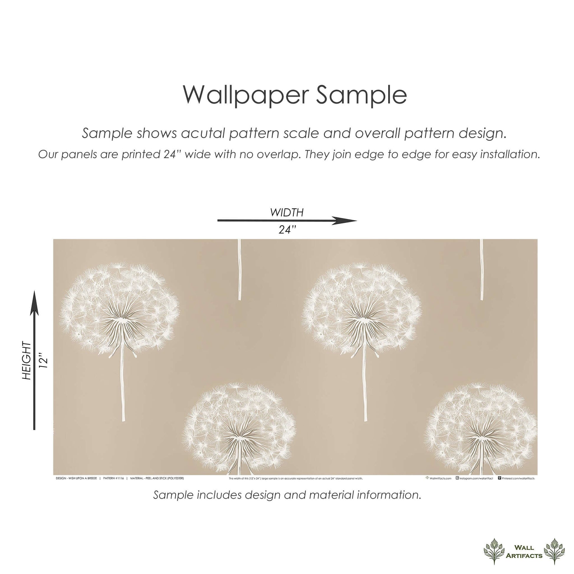 Sample of Wish Upon a Breeze wallpaper with dandelions for nursery, playroom, or baby spaces on a taupe background. Wall Artifacts.
