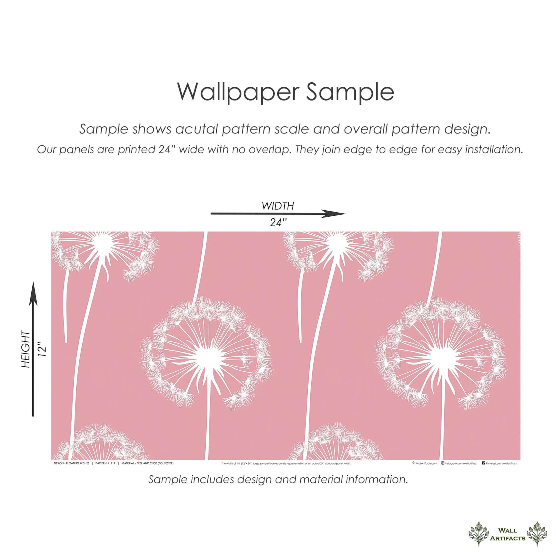 Floating Wishes pink wallpaper with white dandelion silhouettes for nursery, children, or playroom. Uplift your space with whimsy.