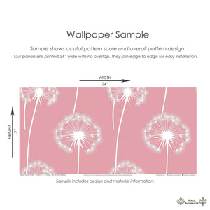 Floating Wishes pink wallpaper with white dandelion silhouettes for nursery, children, or playroom. Uplift your space with whimsy.