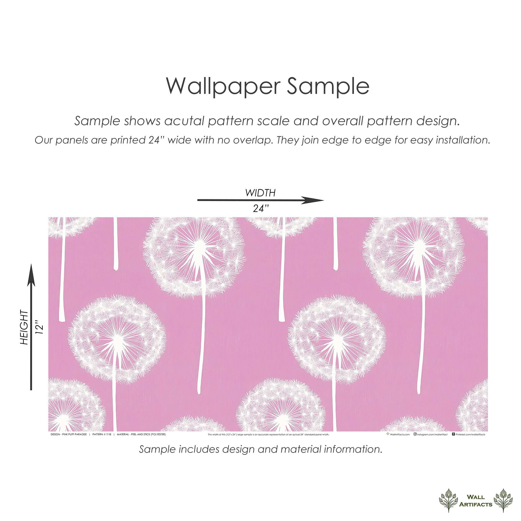 Pink Puff Paradise wallpaper sample with white dandelions on a rose-pink background, ideal for children's rooms, nurseries, and playrooms.