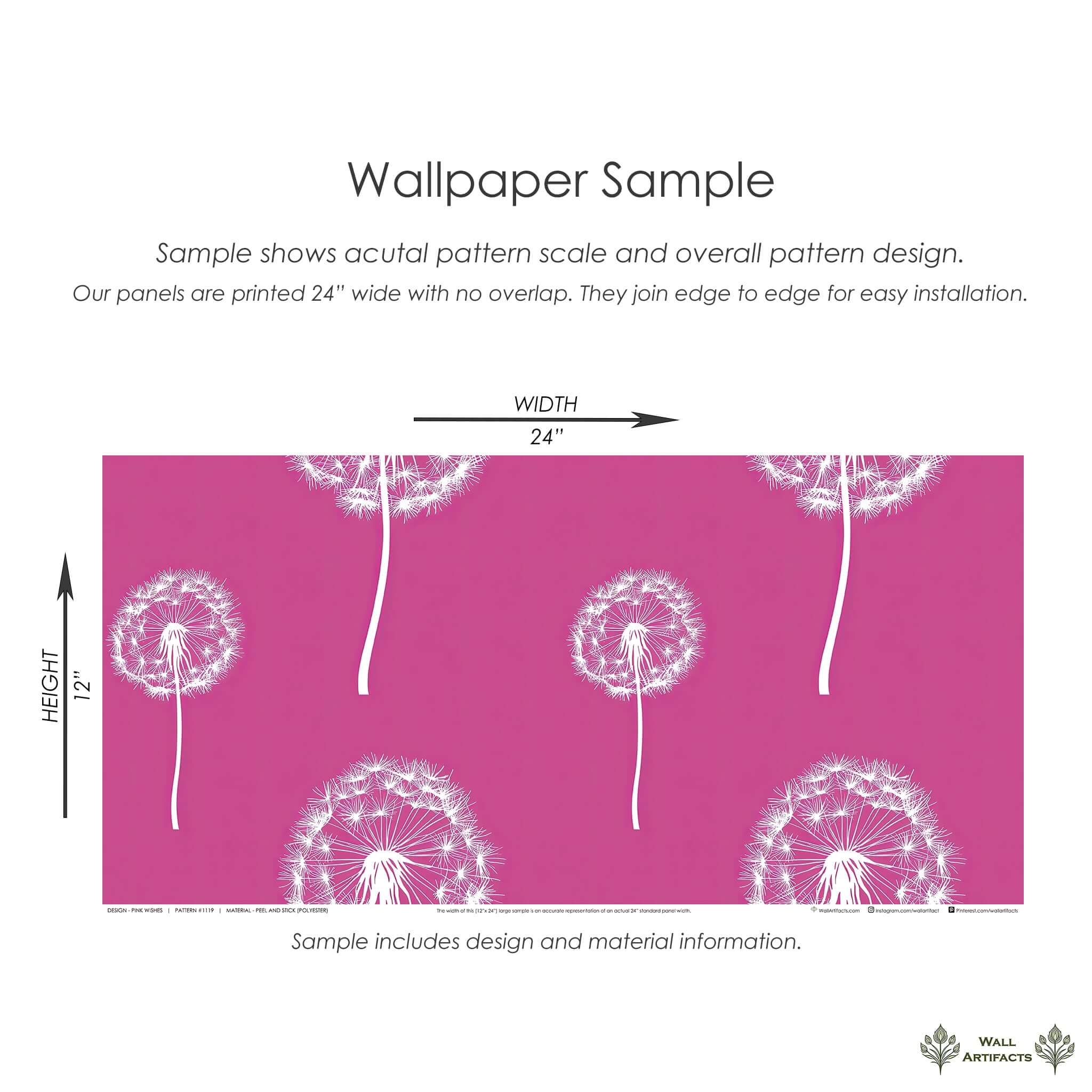 Pink Wishes wallpaper sample with white dandelions on magenta for nurseries, children's rooms, by Wall Artifacts. Size 24x12 inches.