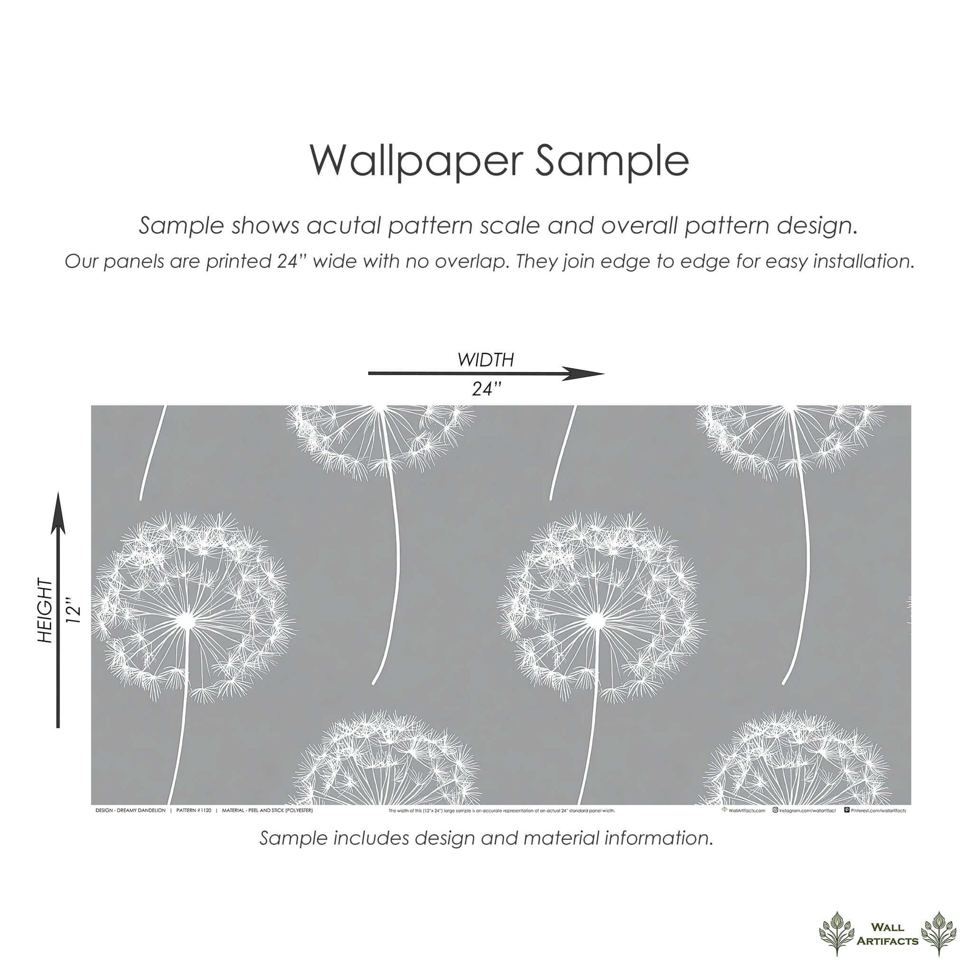 Dreamy Dandelion Wallpaper sample with gray backdrop and white dandelions, perfect for nurseries, playrooms, and children's rooms.