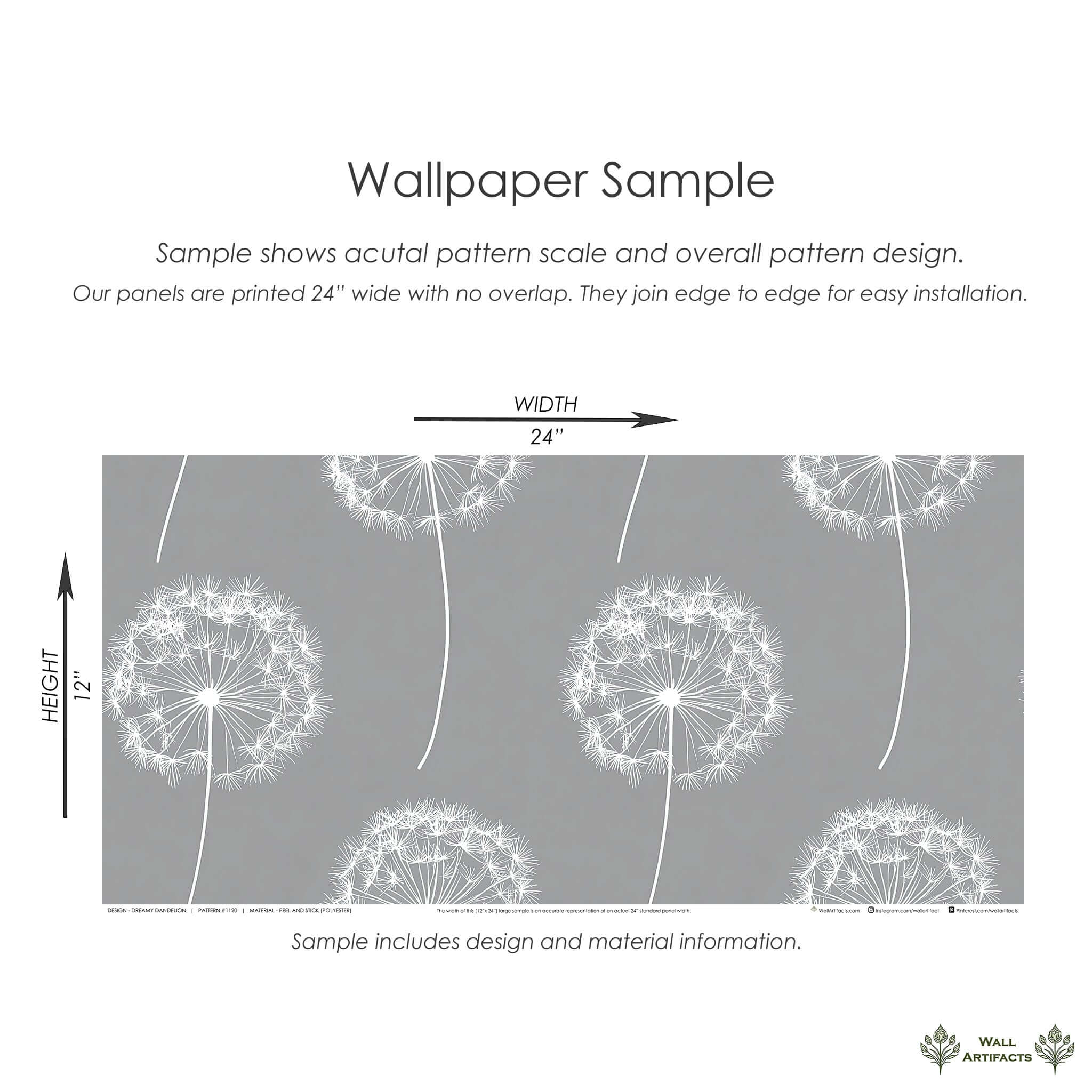Dreamy Dandelion Wallpaper sample with gray backdrop and white dandelions, perfect for nurseries, playrooms, and children's rooms.