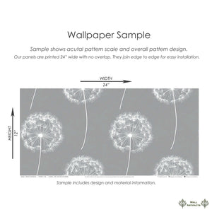 Dreamy Dandelion Wallpaper sample with gray backdrop and white dandelions, perfect for nurseries, playrooms, and children's rooms.