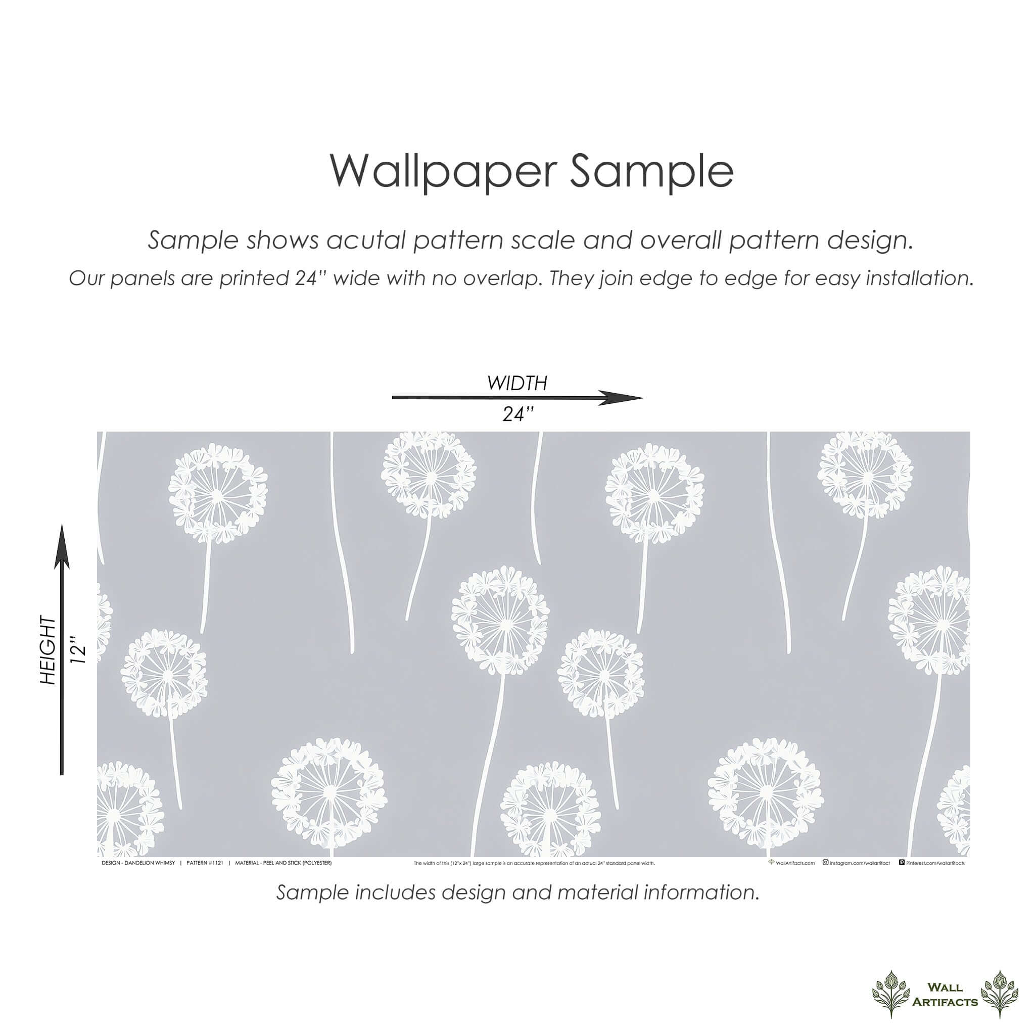 Charming Dandelion Whimsy wallpaper sample with white dandelions on gray, perfect for nurseries and playrooms. Size 24x12 inches.