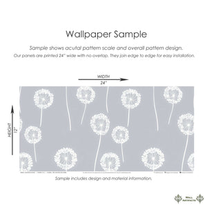 Charming Dandelion Whimsy wallpaper sample with white dandelions on gray, perfect for nurseries and playrooms. Size 24x12 inches.