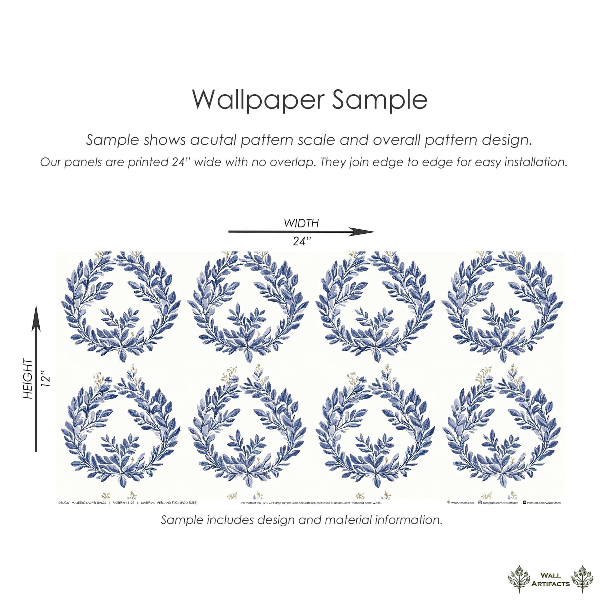 Majestic Laurel Rings wallpaper sample with navy laurel wreaths on ivory, showcasing pattern scale and design details from Wall Artifacts.