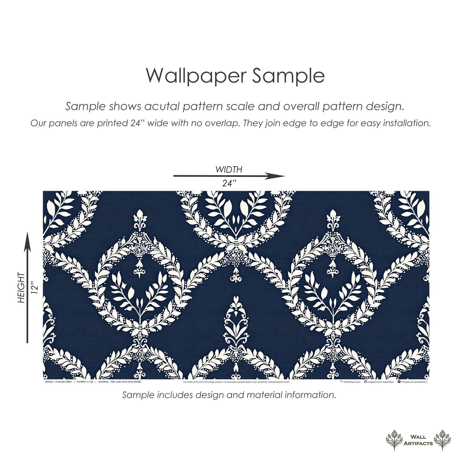 Vintage Crest wallpaper sample with ivory laurel wreaths on navy background, showcasing regal elegance for traditional interiors.